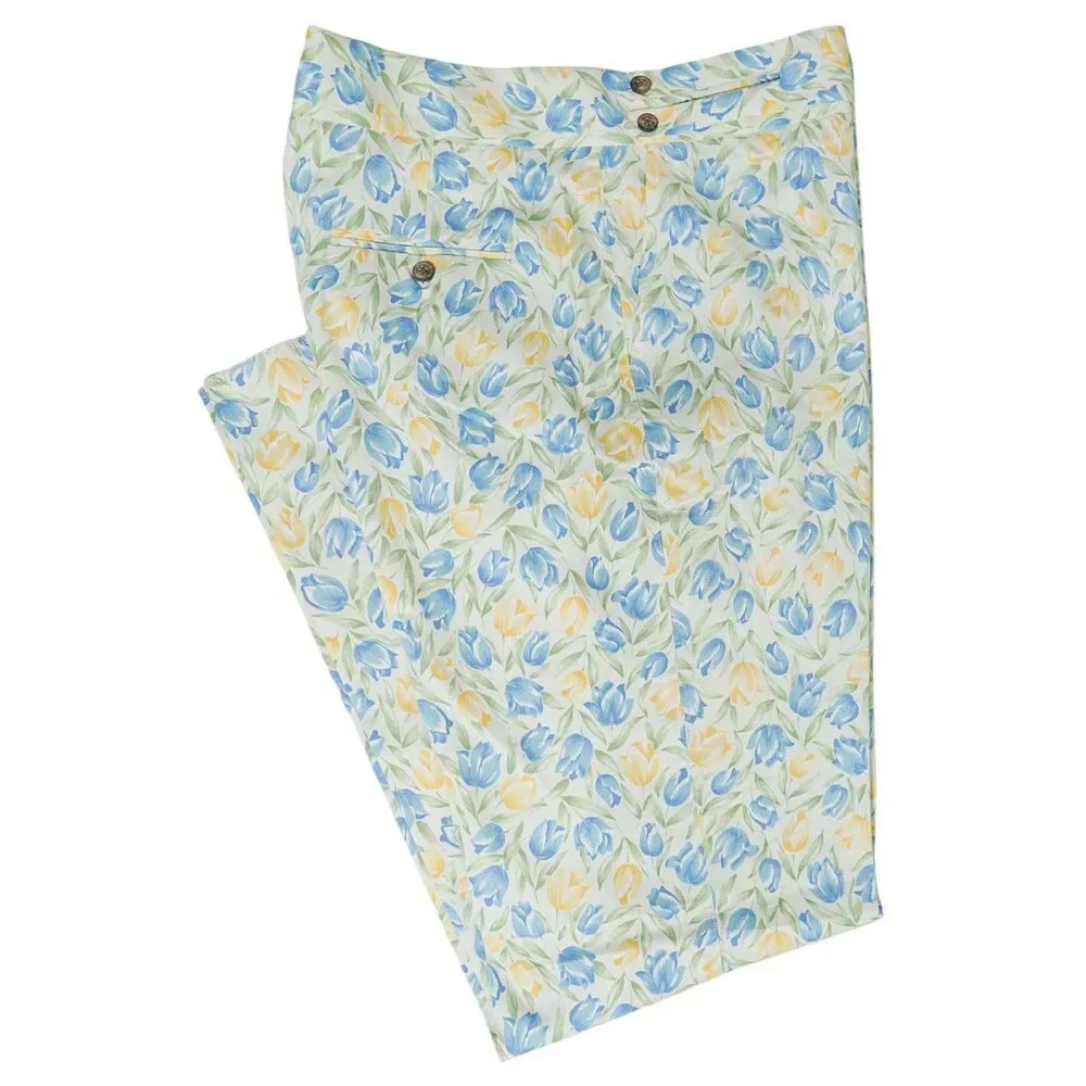 Mens Gurkha Pants 38 Blue Orange Green Floral Trousers Straight Fit Flat Front